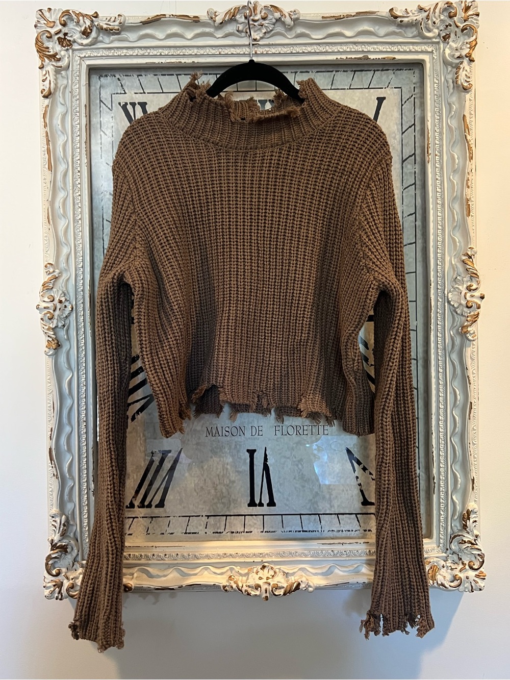 Windsor Brown Distressed Cropped Turtleneck Sweater